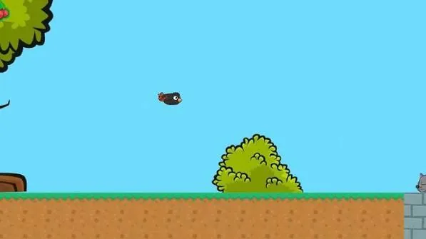 Pequena criatura voadora cruzando uma paisagem de plataformas